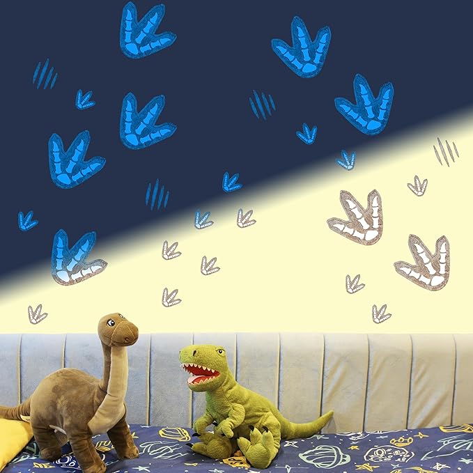 Glow in The Dark Dinosaur Footprints Wall Decals, Peel and Stick Cute Dino Track Stickers for Kids, Removable Dinosaur Wall Stickers for Baby Nursery Bedroom (Blue)