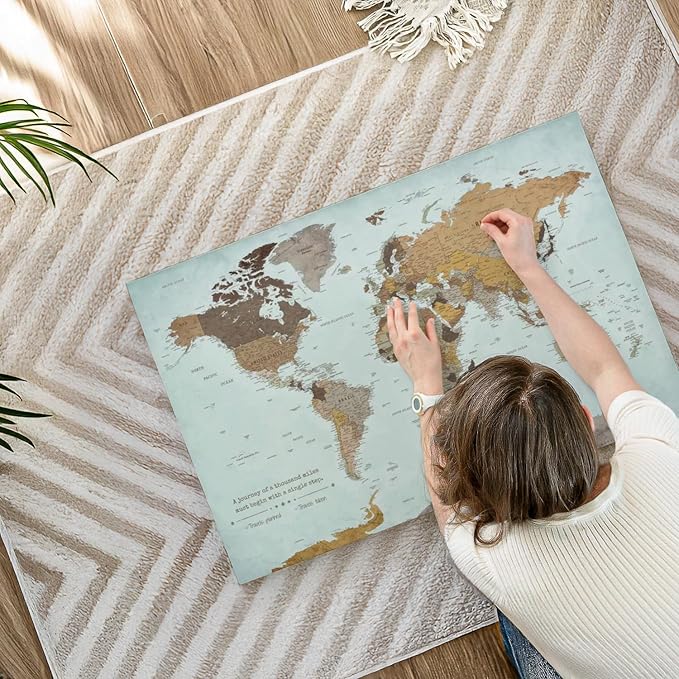 ElephantStock - A Thousand Miles World Push Pin Map Wall Art - Horizontal Canvas Wall Art - Living Room Wall Decor - Printmaking Map Canvas Art - Blue And Brown Decor - 36" x 24"