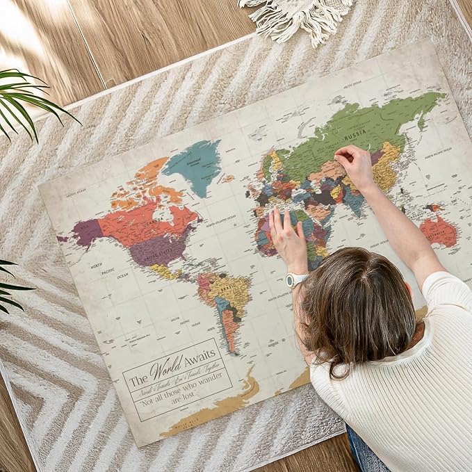 ElephantStock - Personalized World Awaits II Push Pin World Map Wall Art - Horizontal Canvas Wall Art - Living Room Wall Decor - Digital Art Map Canvas Art - Green And Beige Decor - 45" x 30"