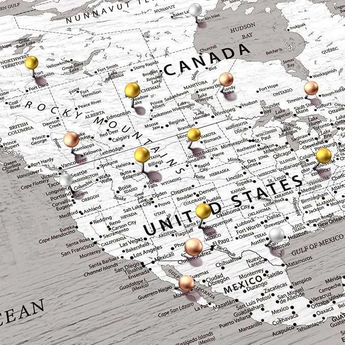 ElephantStock - Let's Travel II Push Pin World Map Wall Art - Horizontal Canvas Wall Art - Living Room Wall Decor - Digital Art Map Canvas Art - Gray And White Decor - 39" x 26"