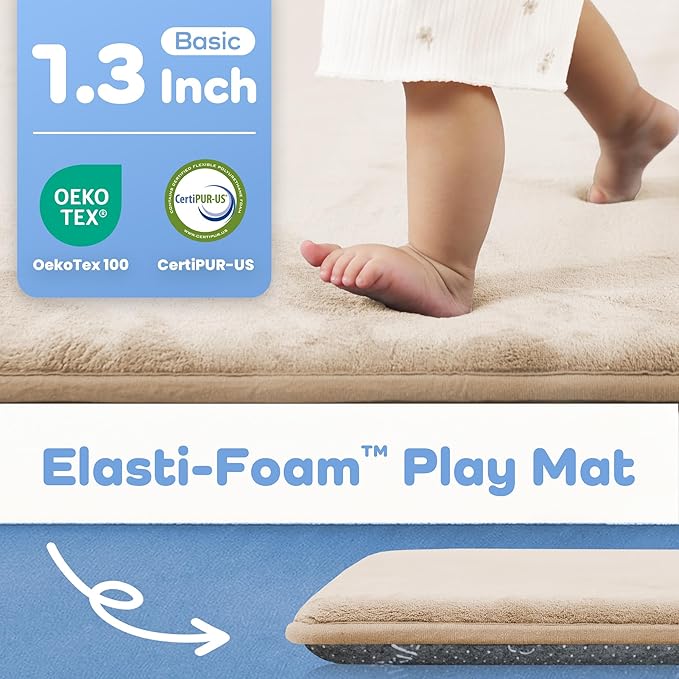 1.3" Thick Baby Floor Play Mat 59x71, Basic Padded Foam Mat for Tummy Time Crawling, Non Slip Cushioned for Babies Toddlers Infants Kids (Beige)