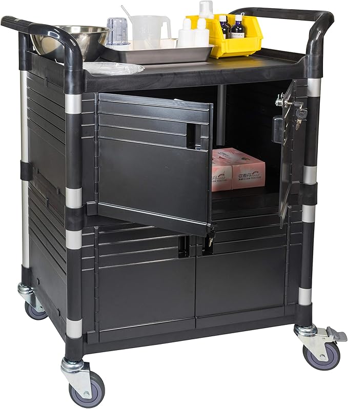 JaboEquip Commercial Heavy Duty Cabinet Rolling Medical Cart, Utility Cart, with 2 Lockable Doors Hospitality School Lab cart Service Cart, JB-3D2, Black Color