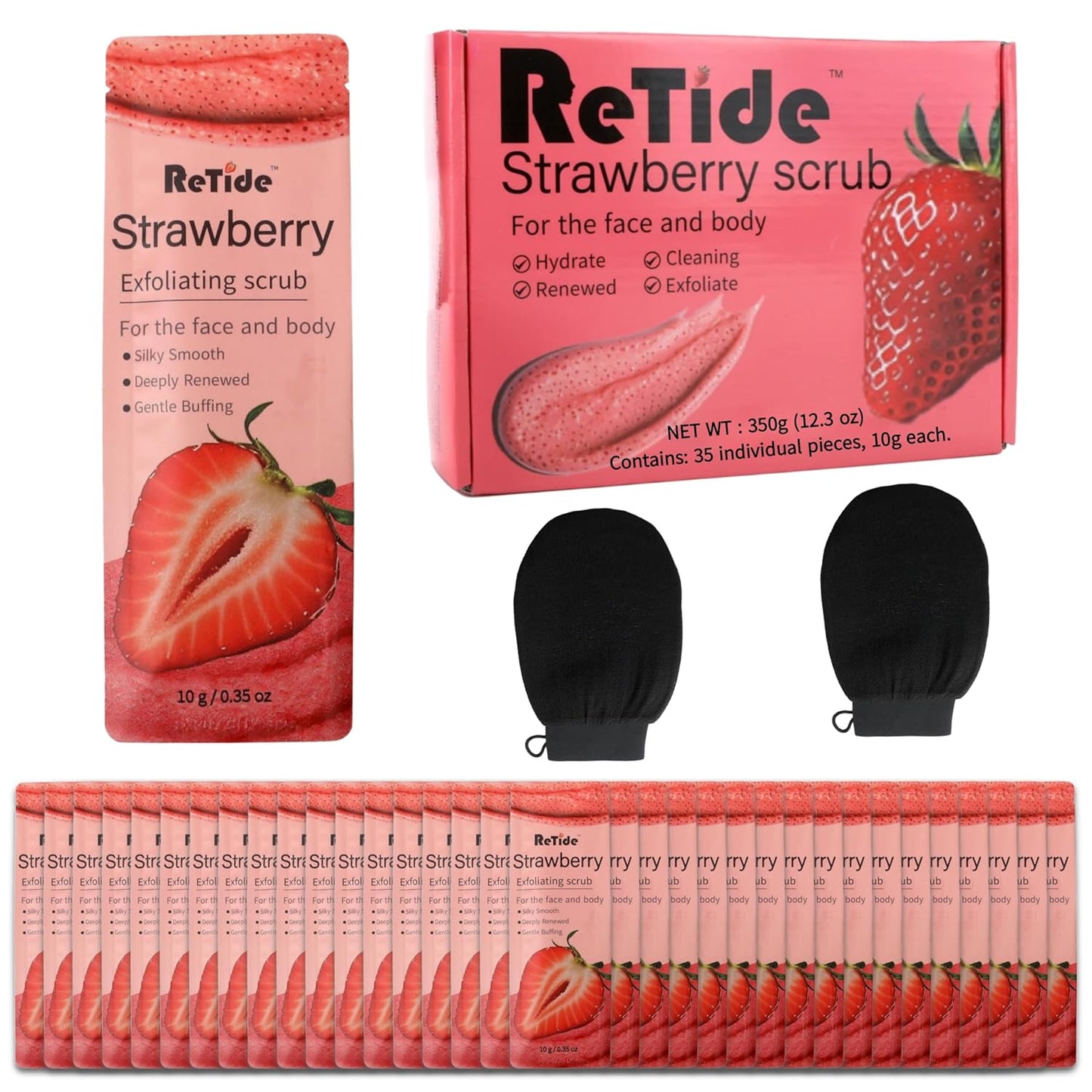 Strawberry Body Scrub Gift Set - 35 Packets & 2 Pcs Exfoliating Gloves,Exfoliating & Moisturizing Sugar Scrub for Face & Body, Self Care Gifts for Women