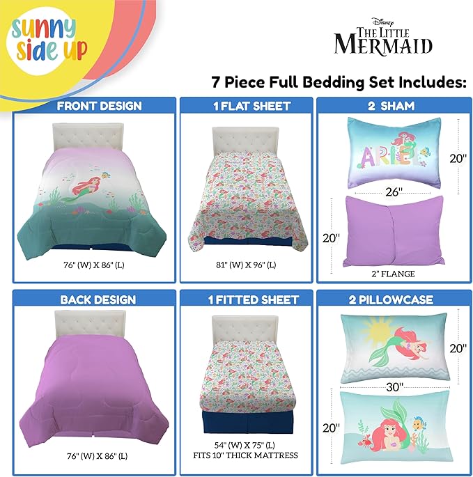 Sunny Side Up Disney The Little Mermaid Full Comforter Set - 7 Piece Kids Bedding Includes Comforter, Sheets & Pillow Cover - Super Soft Ariel Microfiber Bed Set