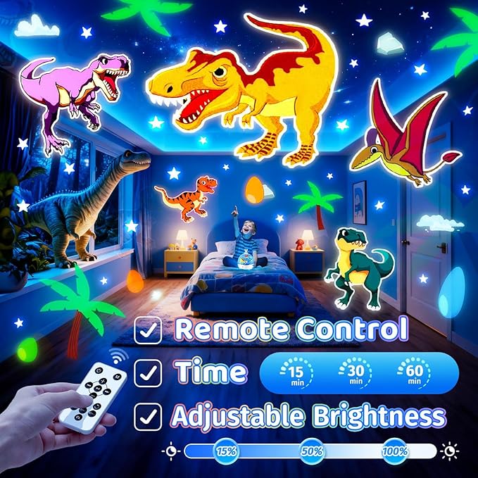 One Fire Dinosaur Night Light Projector, with 15 Films & Bluetooth Music and Remote-Controlled Dino Night Light, Rechargeable Star Projector for Kids, Dino Decor Dinosaur Gifts for Boys.