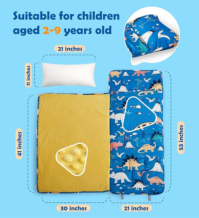 Toddler Nap Mat with Removable Pillow & Minky Blanket Sleeping Bag for Kids Handle & Fastening Nap Mats for Preschool Daycare Kindergarten Kids Sleeping Bag (Ages 2-7 Years) Blue Dinosaur