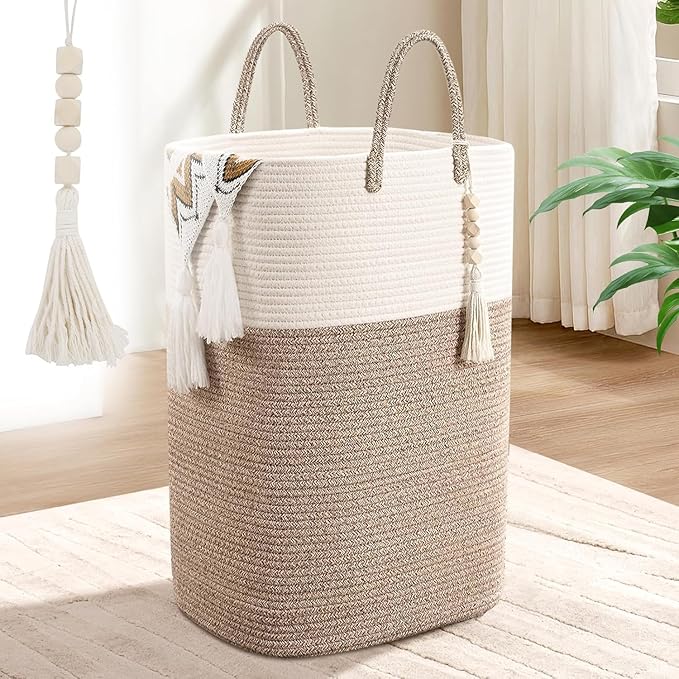 Woven Laundry Basket for Clothes, 100L Large Rectangle Laundry Hampers with Beads Tassel, Nursery Storage Basket for Toys, Tall Dirty Clothes Hamper for Bedroom Aesthetic, Laundry Room Organization