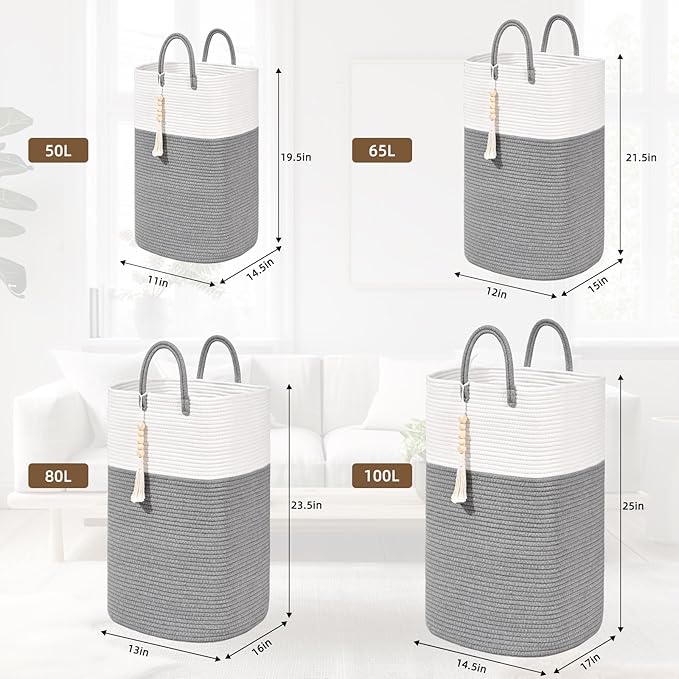 Woven Laundry Basket for Clothes, 65L Large Rectangle Laundry Hampers with Beads Tassel, Nursery Storage Basket for Toys, Tall Dirty Clothes Hamper for Bedroom Aesthetic, Laundry Room Organization