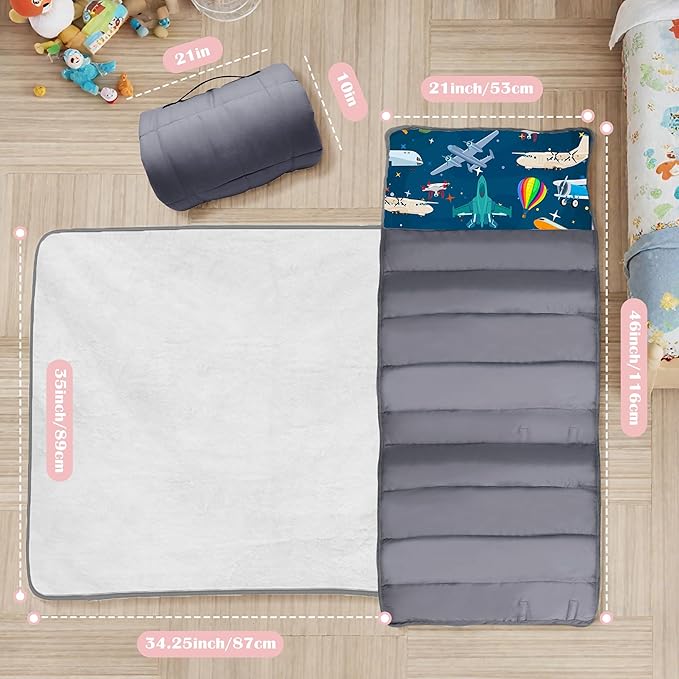 Cute Toddler Nap Mat with Pillow & Blanket，Soft Rolled Napping Mats for Boys and Girls