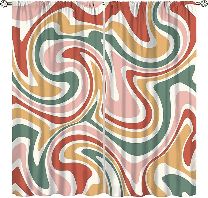 70S Abstract Wavy Swirl Curtain for Bedroom Windows,Retro Boho Minimal Teen Girls Kids Living Room Restroom Window Treatments Drapes 42"" W X 45"" L, Style-4