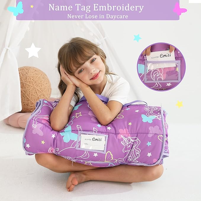 Toddler Nap Mat for Preschool 50''x30'' Sleeping Mat with Removable Pillow and Minky Blanket for Kids Ages 3-7 Roll Up Soft Sleeping Bag for Boys Girls Kindergarten Daycare Sleepover