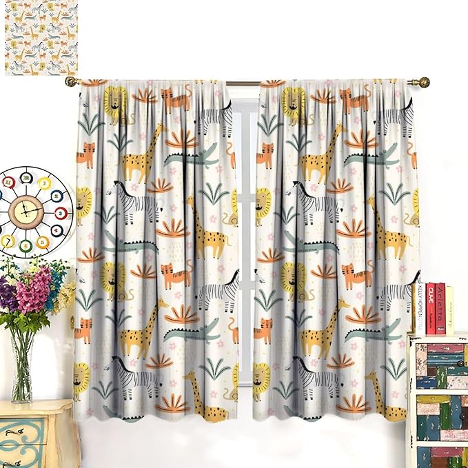 Wild Animals Curtains, Cute Cartoon Animals Zoo with Lion Zebra Crocodile Cat and Giraffe Tropical Jungle Plant Print Window Treatments for Kids Boys Girls Bedroom Living Room 55x63in