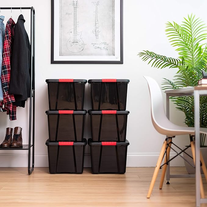 IRIS USA 40 Qt Stackable Plastic Storage Bins with Lids, 6 Pack - BPA-Free, Made in USA - Garage Organizing Solution, Latches, Durable Nestable Containers, Secure Pull Handle - Black