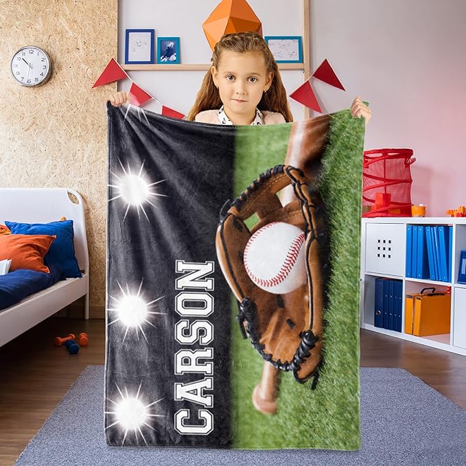 Baby Boys Personalized Baseball Blanket - Custom Name and Number - Soft Warm and Fluffy Flannel Fabric Gift for Sports Lovers 30x40inch