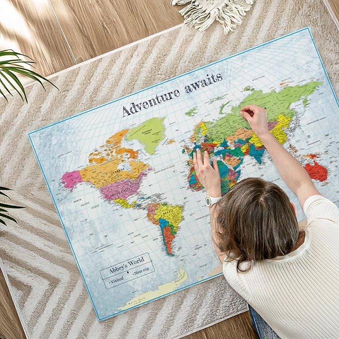 ElephantStock - Personalized Adventure Awaits IV Push Pin World Map Wall Art - Horizontal Canvas Wall Art - Living Room Wall Decor - Digital Art Map Canvas Art - Blue And Green Decor - 45" x 30"