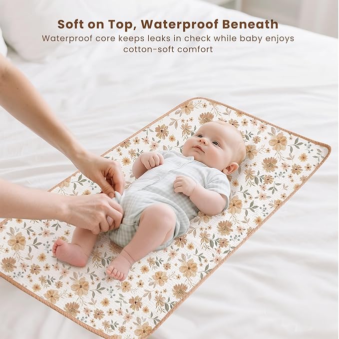 Konssy 2 Pack Waterproof Muslin Cotton Portable Changing Pad 30"x 17", Soft & Foldable Baby Changing Mat Travel Pad with Terry Backing, Shower Gift for Newborn Girls Boys (Toffee,Flourish)