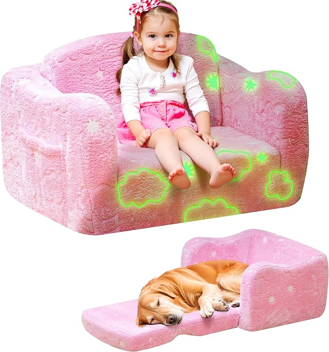 Lamerge 2-in-1 Toddler Couch,Glow in The Dark Baby Floor Bed,Foldable Toddler Chair Kids Sofa for playroom,Convertible Sofa to Lounger for Girls and Boys (Pink and Clouds)