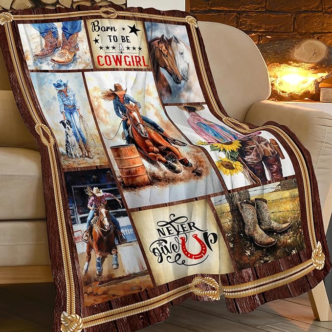 Cowgirl Racing Blanket Western Cowboy Throw Blanket Super Soft Flannel Lightweight Fluffy Plush Fuzzy Fleece Horse Blanket Gifts for Girls Woman Kids Prayer for Bed Sofa Bedding 40"X50"