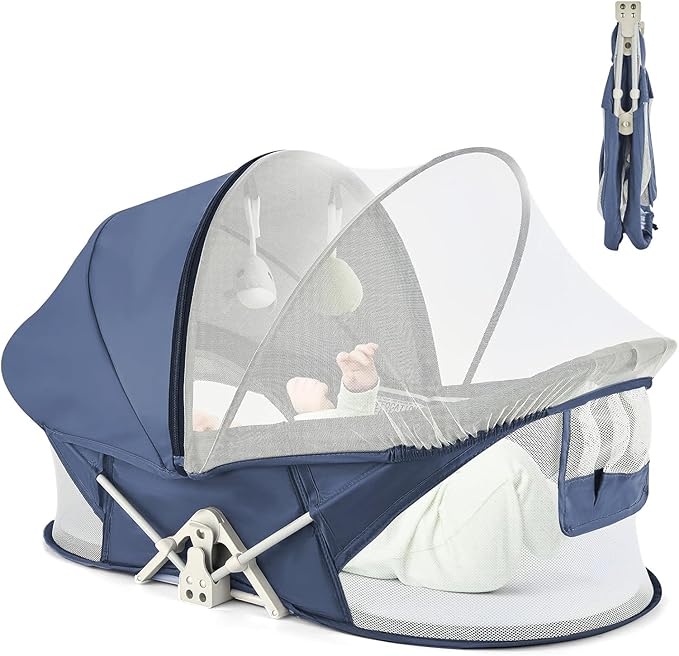 Portable Baby Bassinet Travel Baby Bed, Baby Cribs Travel Pod for Outdoors Baby Lounger Infant Travel Bed with Mosquito Net and Sunshade Canopy, Lightweight Washable