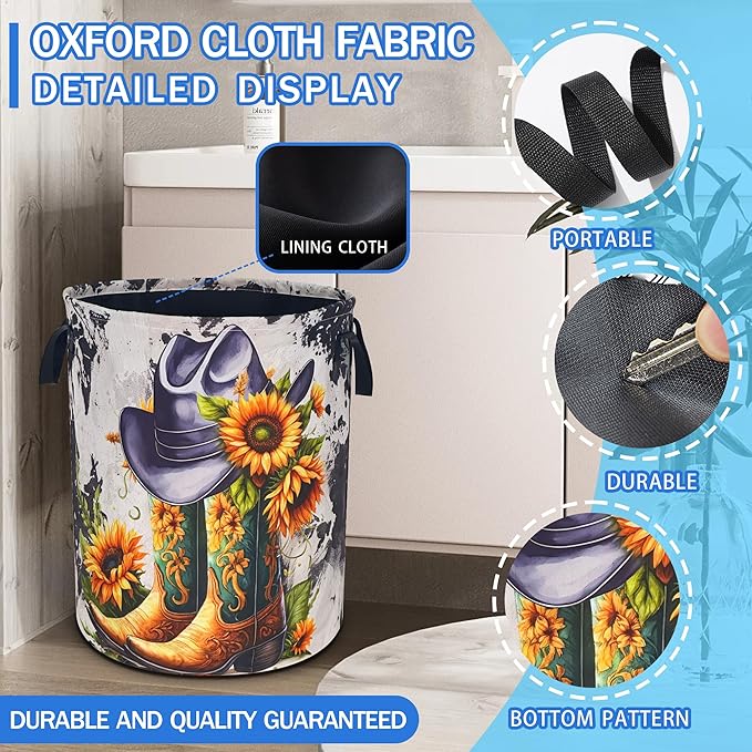 American Western Cowboy Hat Boots Laundry Basket Sunflower Oxford Cloth Laundry Hamper With Handle Foldable Portable Clothes Storage Basket 18.9 X 16.5 In Storage Bag For Laundry Room/Bathroom/Bedroom