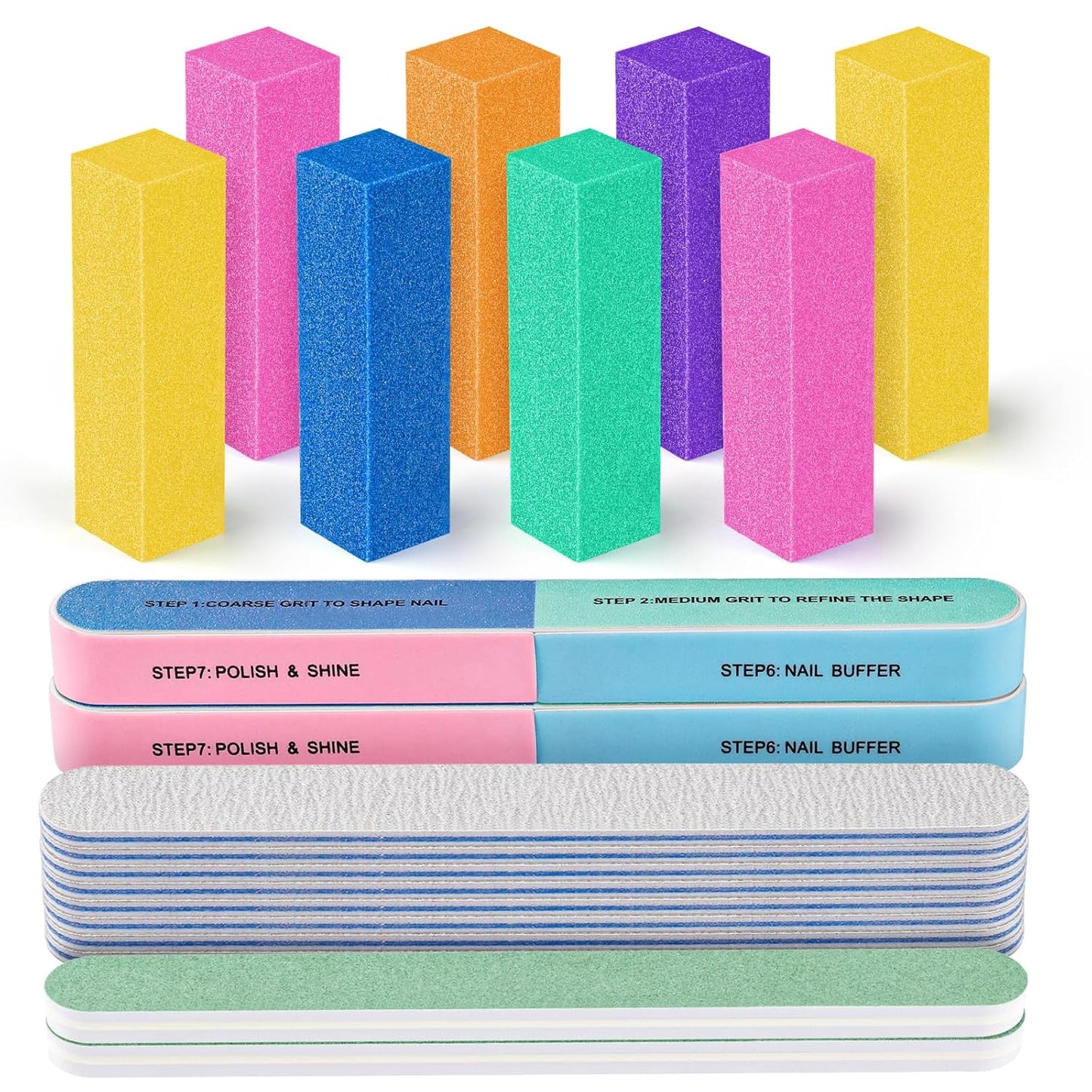 FANDAMEI Nail Buffers and Files, 8PCS Colorful Nail Buffer Block, 8PCS Blue Nail File, 2PCS 7 Way Nail File & 2PCS Nail Polishing Buffer. Professional Nail Care Tools Kit.