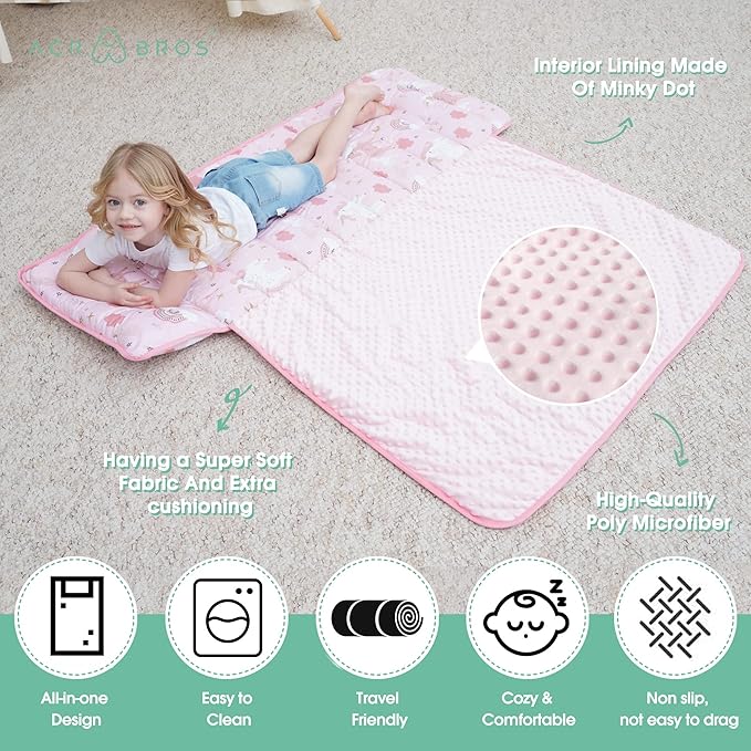 ACRABROS Toddler Nap Mat with Pillow and Blanket, Extra Large Rolled Napping Mats,Slumber Bags for Boys Girls,Kids Sleeping Bag for Daycare, Preschool Travel Camping, Unicorn