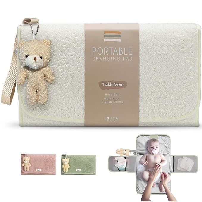 J&Joo Portable Diaper Changing Pad - Ultra Soft, Extra Padded, Waterproof Baby Changer Travel Essential, EZ Access Mesh Pockets, Gift for Baby Shower, Newborn Girls and Boys, 0-12 Months