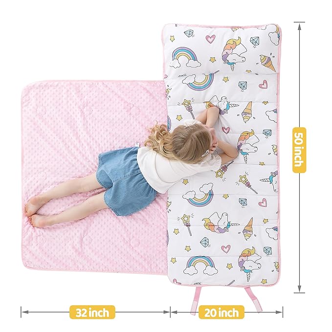 Viviland Toddler Kid Nap Mat for Preschool, White Unicorn Slumber Bag, Daycare Sleeping Bag with Pillow and Blanket, Kindergarten Sleep Mat