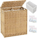 Laundry Hamper with Lid Wicker Laundry Basket 112 L (29.6 Gal) Laundry Hampers Handwoven Rattan Clothes Hamper with Handles 3 Removable Liner Bag, 6 Mesh Bags for Bathroom Bedroom Natural