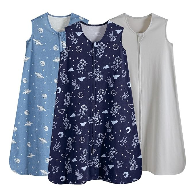 PHF Soft Baby Sleep Sack 18-24 Months 100% Organic Cotton Wearable Blanket, 2-Way Zipper 0.5 TOG Toddler Sleeping Sack 3 Pack, Comfy Sleep Bag for Baby Boys Girls, Navy Space (X-Large)