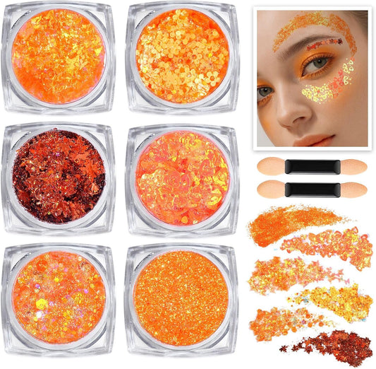 Teenitor Face Glitter, Orange Body Glitter Gel, Holographic Glitter for Face and Body, Hair, Makeup for Festival Party Cheer Makeup