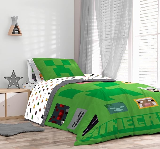 Sunny Side Up Minecraft Twin Comforter Set - 5 Piece Kids Bedding Includes Comforter, Sheets & Pillow Cover - Super Soft Gamer Microfiber Bed Set