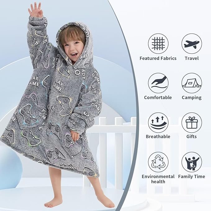 Fiosnow Glow in the Dark Game Controller Blanket Hoodies for Kids Toddler 2-6YR Oversize Wearable Blanket Hoodies for Boys Girls