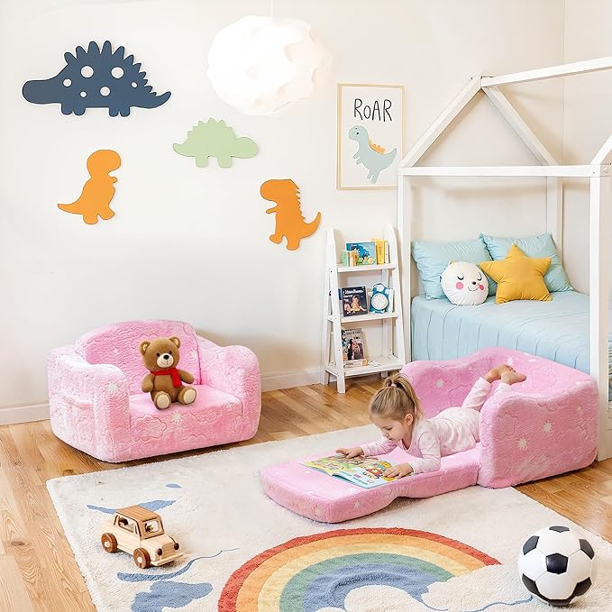 Lamerge 2-in-1 Toddler Couch,Glow in The Dark Baby Floor Bed,Foldable Toddler Chair Kids Sofa for playroom,Convertible Sofa to Lounger for Girls and Boys (Rainbow and Unicorn)