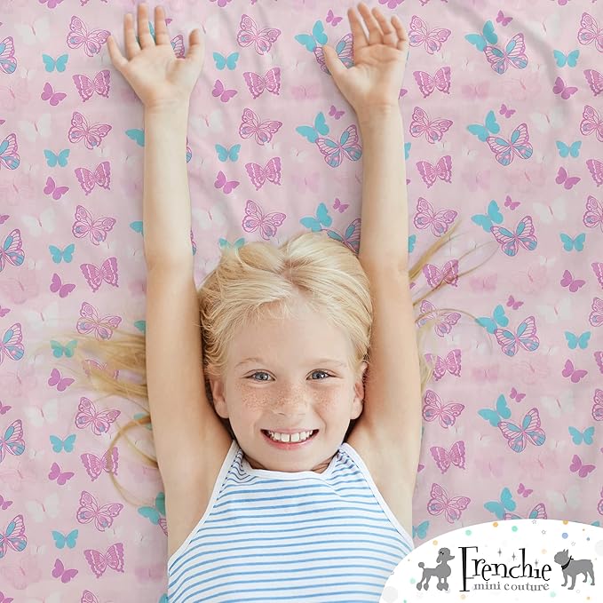 Frenchie Mini Couture, 2-Piece Kids Twin Sheets Set, 100% Woven Cotton, Deep Pocket Bed Sheet 39 x 75 x 15in + Pillowcase 20 x 30, Butterfly (Pink)