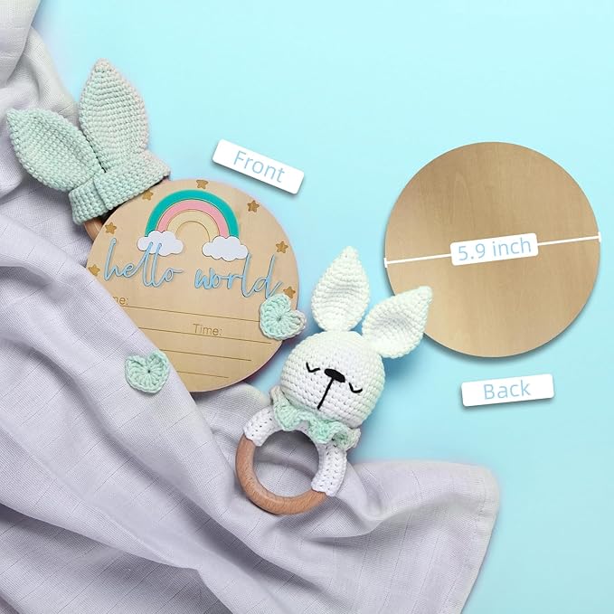 Baby Announcement Sign - 5.9” Round Wooden Hello World Newborn Sign with 3D Rainbow & Cloud - Keepsake Birth Gift for Baby Boy’s First Day, Hospital, Shower, or Nursery Décor (Blue)