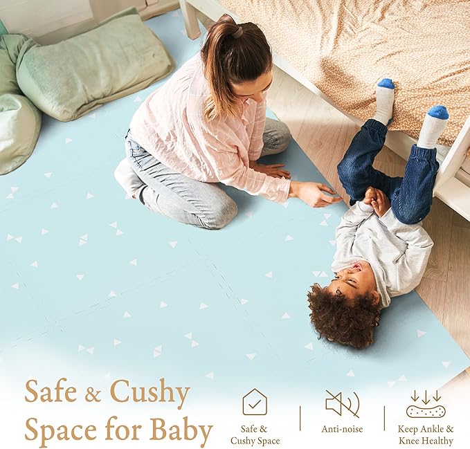 PopsyKosy Premium Baby Floor Play Mat - Thick & Cushioned 0.5 inch Playroom Foam Mat, Non-Toxic Odorless - 6 Tiles - Spacious 6x4 ft. - Stylish & Large, Waterproof for Kids & Toddlers - Triangle Blue