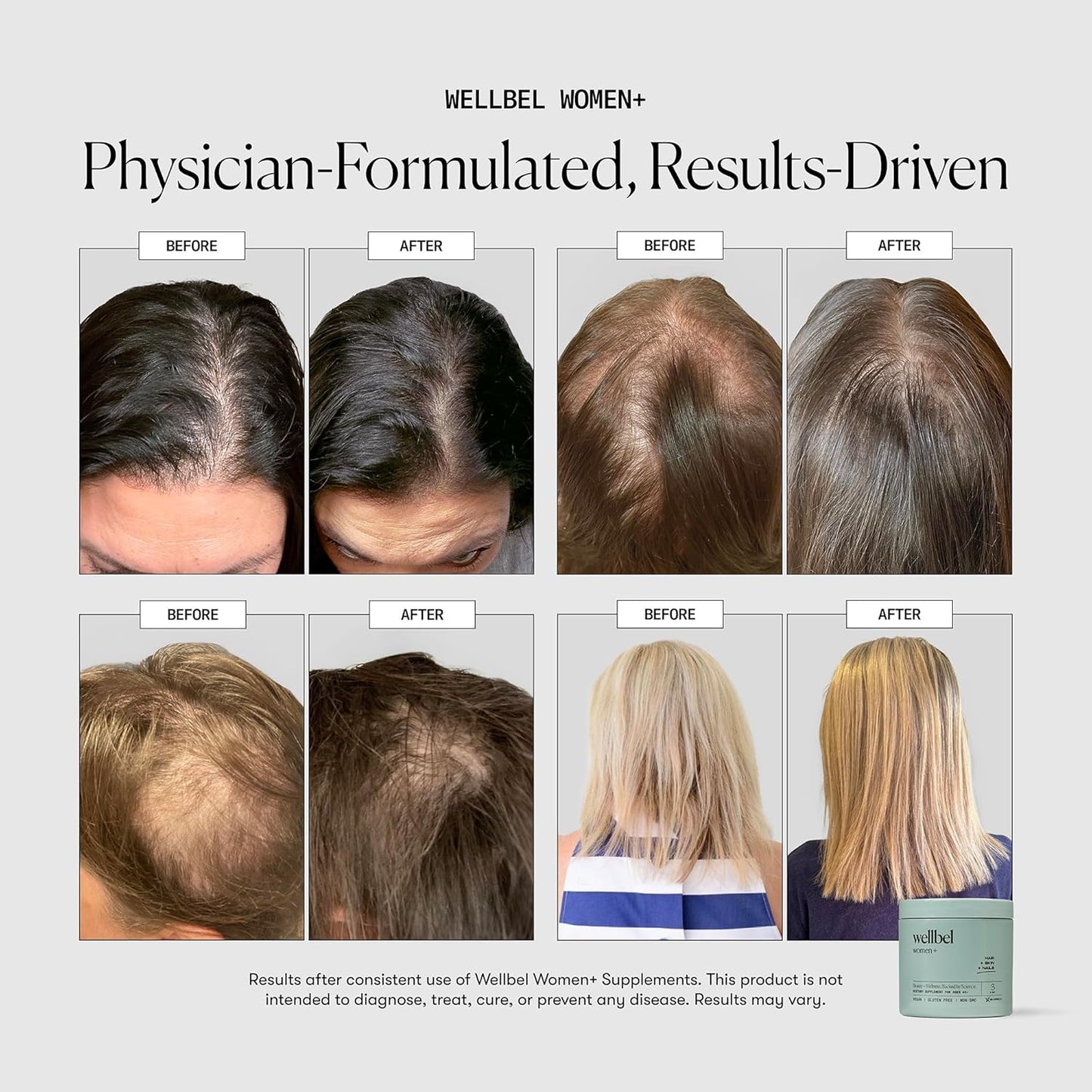 WELLBEL Women + Clean Supplement for Hair, Skin, and Nails, Vegan, Gluten Free, Non GMO 90 Count