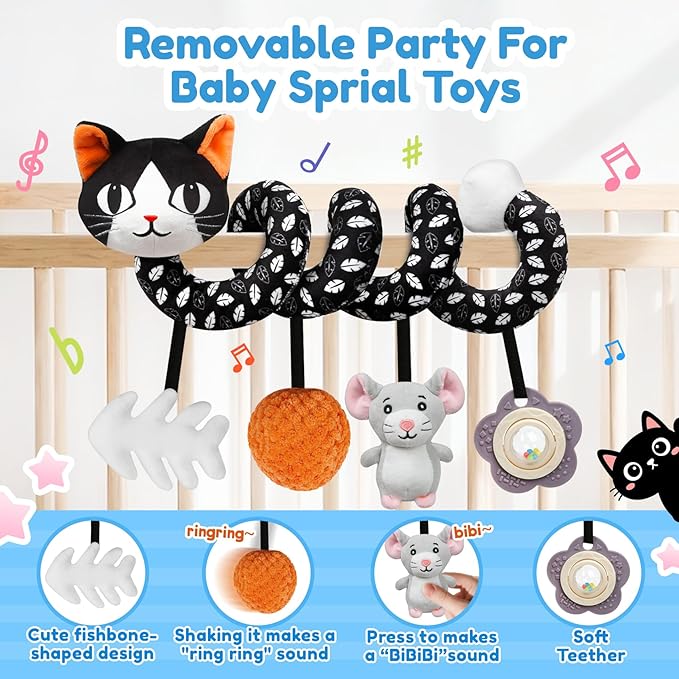 Car Seat Toys for Babies 0-6 Months,Hanging Rattle Toys for Crib Mobile, Baby Spiral Hanging Stroller Black and White High Contrast Toys for Newborn 0 3 6 9 12 Months Baby Boys Girls (Cat)
