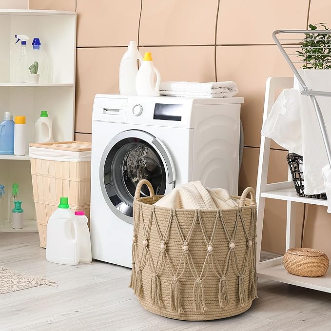 Blanket Basket for Living Room Decor Storage Basket for Toy Organizer Boho Decor Baskets for Modern Farmhouse Decor Small Laundry Basket for Bedroom and Laundry Room Organization,Beige