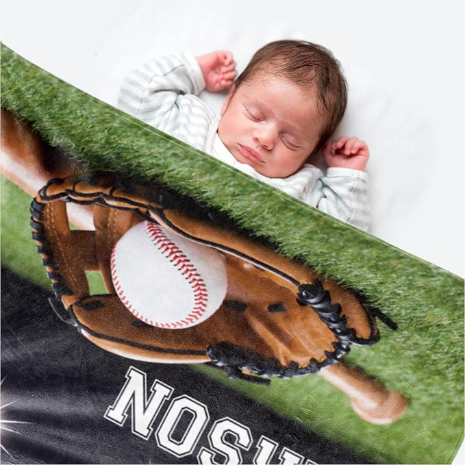 Baby Boys Personalized Baseball Blanket - Custom Name and Number - Soft Warm and Fluffy Flannel Fabric Gift for Sports Lovers 30x40inch