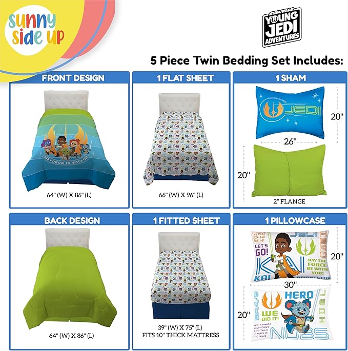 Sunny Side Up Star Wars Young Jedi Adventures Twin Comforter Set - 5 Piece Kids Bedding Includes Comforter, Sheets & Pillow Cover - Super Soft Microfiber Bed Set