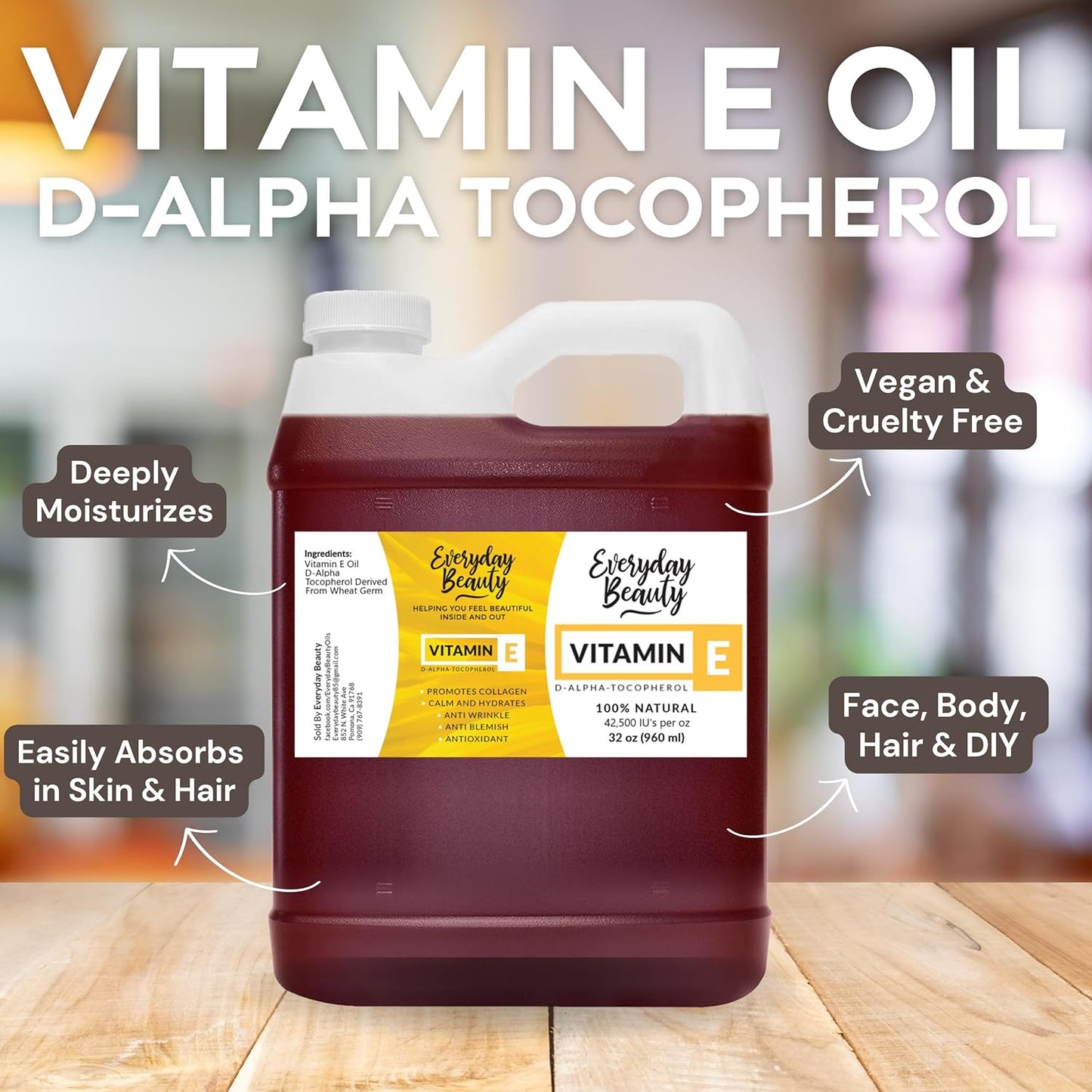 Pure Vitamin E Oil Bulk - 32 oz D-Alpha Tocopherol 100% Pure & All Natural 42,500 IU per oz - Not a Blend, Thick, Amber Color - from Wheat Germ - Face Body Hair - DIY Cosmetics & After Surgery Scars