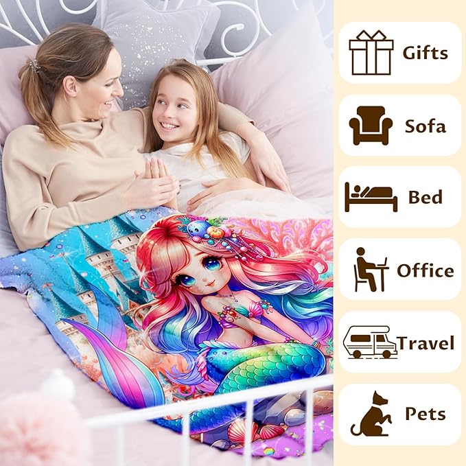Mermaid Blanket for Girls 4-6, Throw for Toddlers Kid Teens 40x50 Inches Soft Cozy Throw Blankets for Mermaid Lovers Daughter Sofa Couch Bed Trip