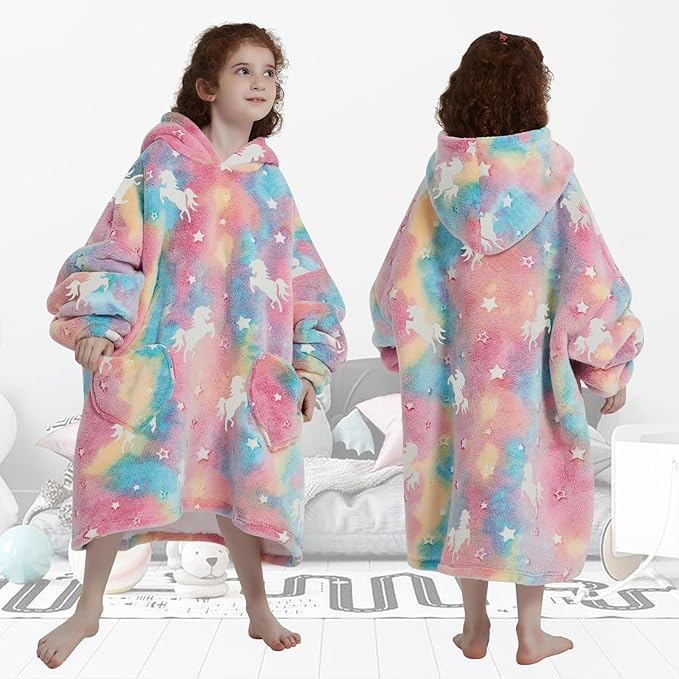 Fiosnow Glow in the Dark Unicorn Blanket Hoodies for Kids 6-13YR Oversize Wearable Blanket Hoodies for Boys Girls Teens