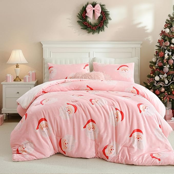 JANZAA Christmas Full Size Comforter Sets, Pink Flannel Comforter with Santa Pattern, Soft Cozy Fleece Bedding Set Fluffy Comforter Set 1 Full Comforter(79"*90") and 2 Pillowcases (20"*26")