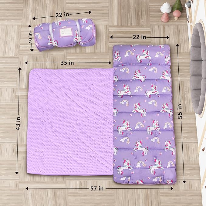 Primlect Thickened Toddler Nap Mat with Removable Pillow and Minky Blanket, Extra Large 55''x35'' Sleeping Bag, Washable, Roll up, Perfect for Daycare, Preschool, Kindergarten, Boys and Girls Purple