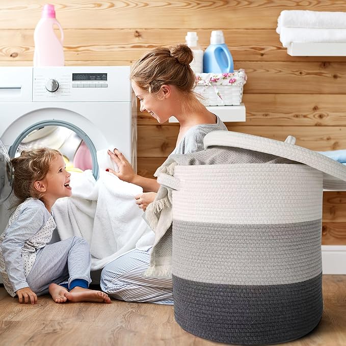 Large Storage Basket with Lid 60L, 16"Wx18"H Woven Laundry Basket with Lid Cotton Laundry Basket, Wicker Basket Blankets Pillows Storage in Living Room Baby Nursery, Dark Gray/Gray/White Mix with Lid