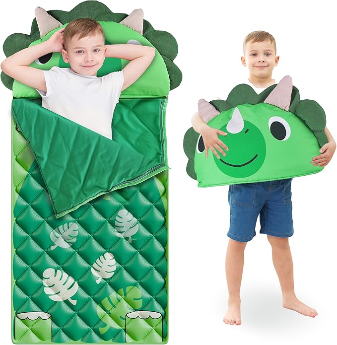 iPlay, iLearn Kid Sleeping Bag, Dinosaur Slumber Sack, Toddler Boy Nap Mat, 2 in 1 Green Dinos Cushion Blanket, Happy Travel Sleepover Daycare Preschool Birthday Gift for 3 4 5 6 Years Old Child