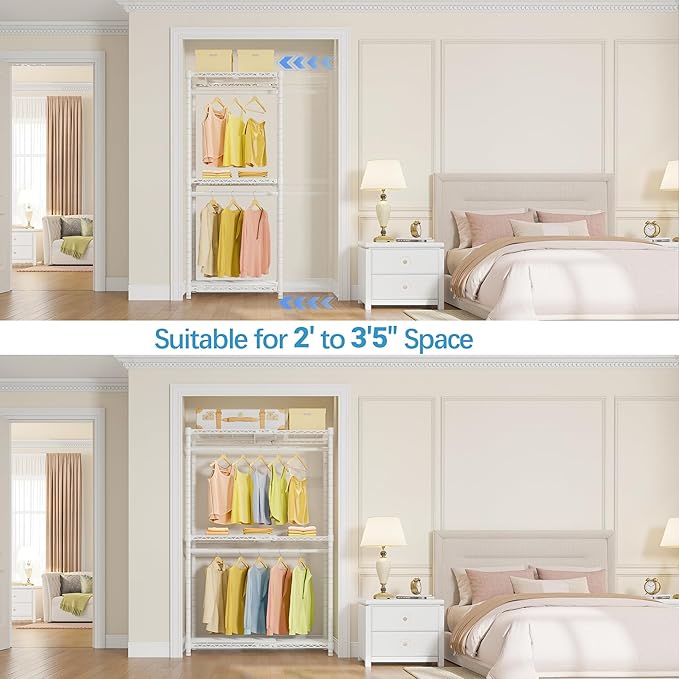 VIPEK X1 Expandable Clothes Rack Heavy Duty Adjustable from 2' to 3'5" with Flexible Shelves and Hanger Rods Metal Garment Racks Portable Closet Rack Clothing Racks for Hanging Clothes, White